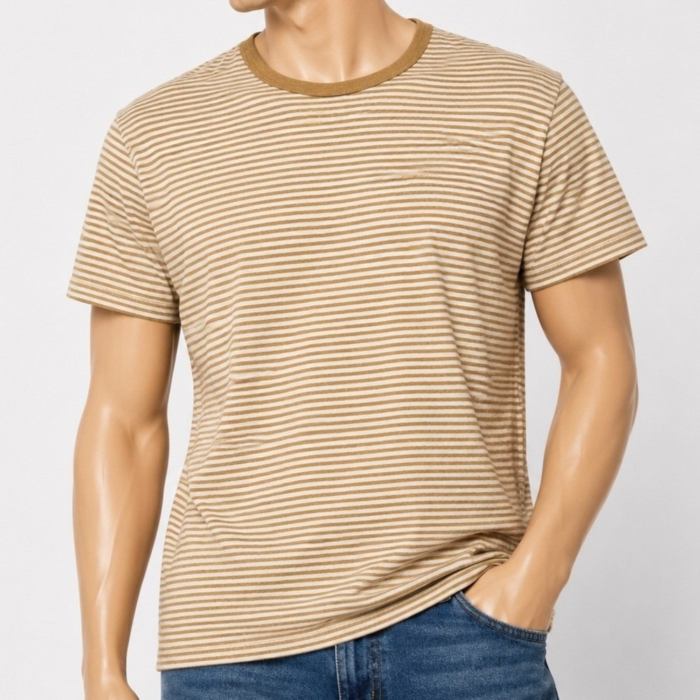 Unbranded Mens T-Shirt Tan White Striped Ringer‎ Cotton Casual Medium